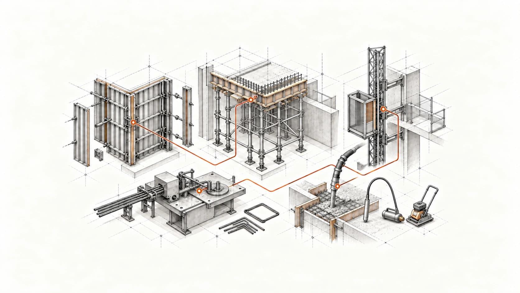 Conceptual technical illustration of the construction systems covered by OTT's equipment investment programme: formwork, access and shoring, vertical transportation, reinforcement processing, and concrete and site equipment.