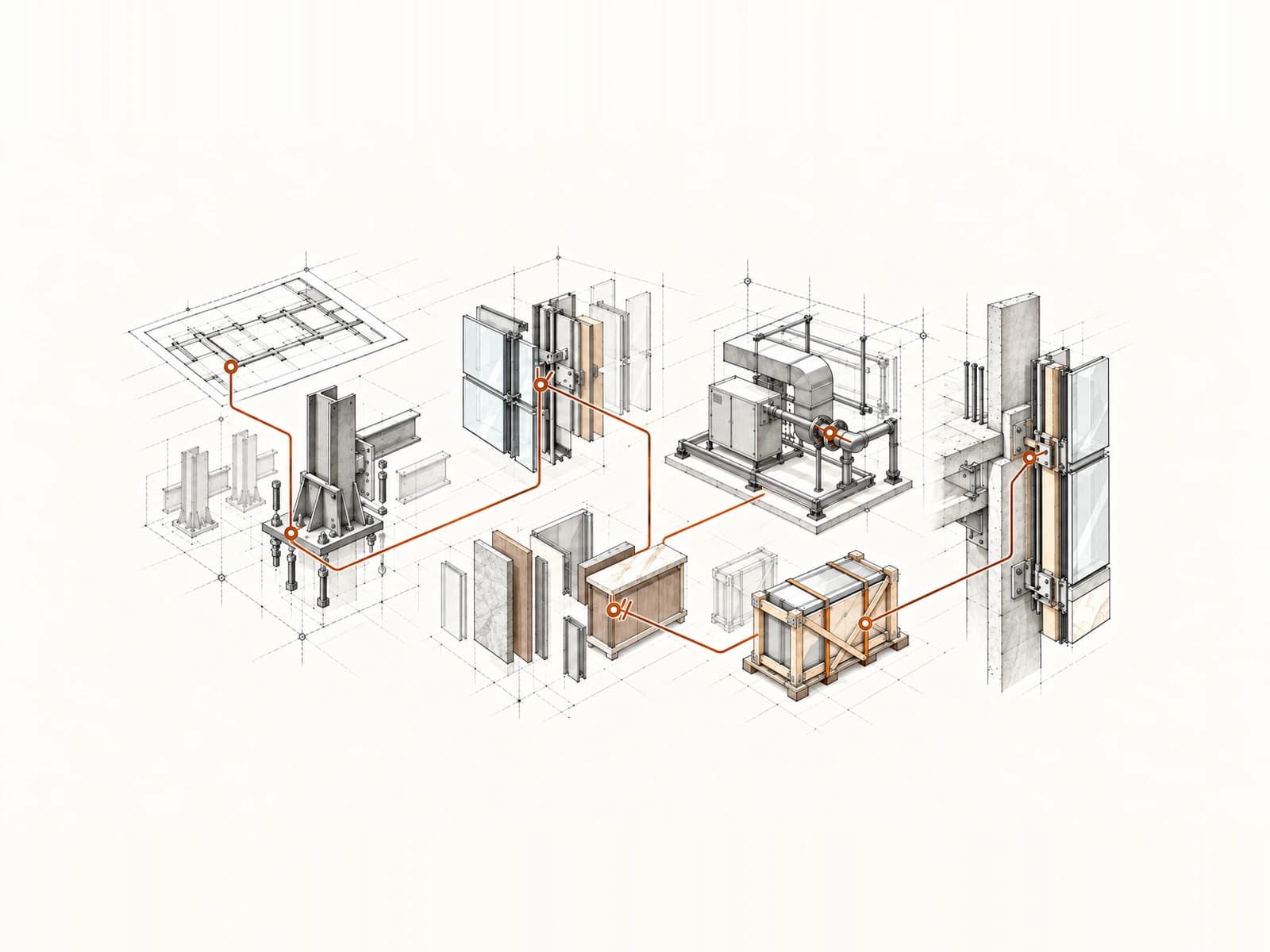 Conceptual illustration of OTT's procurement framework, from specification and sourcing through inspection, packing and installation.